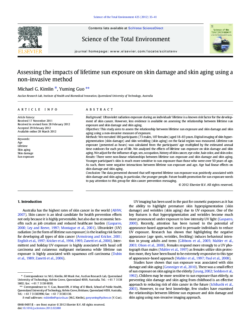 Assessing the impacts of lifetime sun exposure on skin damage and skin aging using a non-invasive method