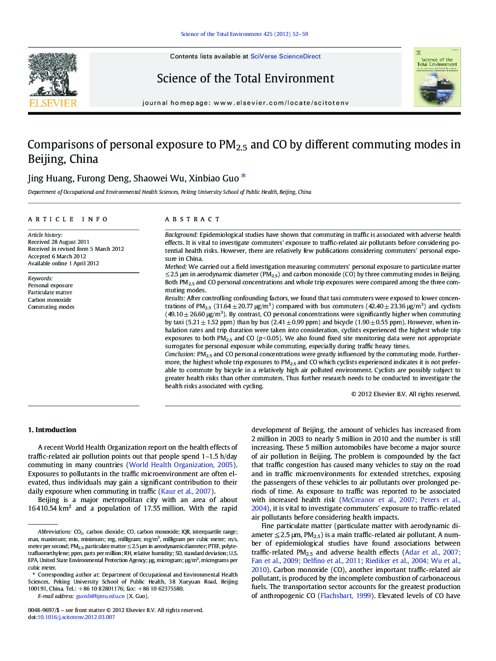 Comparisons of personal exposure to PM2.5 and CO by different commuting modes in Beijing, China