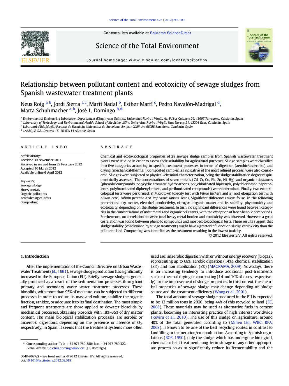 Relationship between pollutant content and ecotoxicity of sewage sludges from Spanish wastewater treatment plants