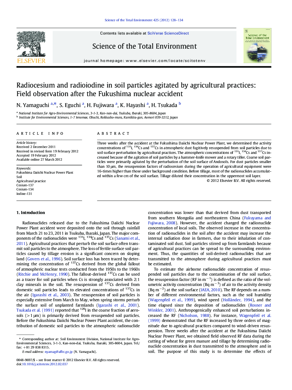 Radiocesium and radioiodine in soil particles agitated by agricultural practices: Field observation after the Fukushima nuclear accident