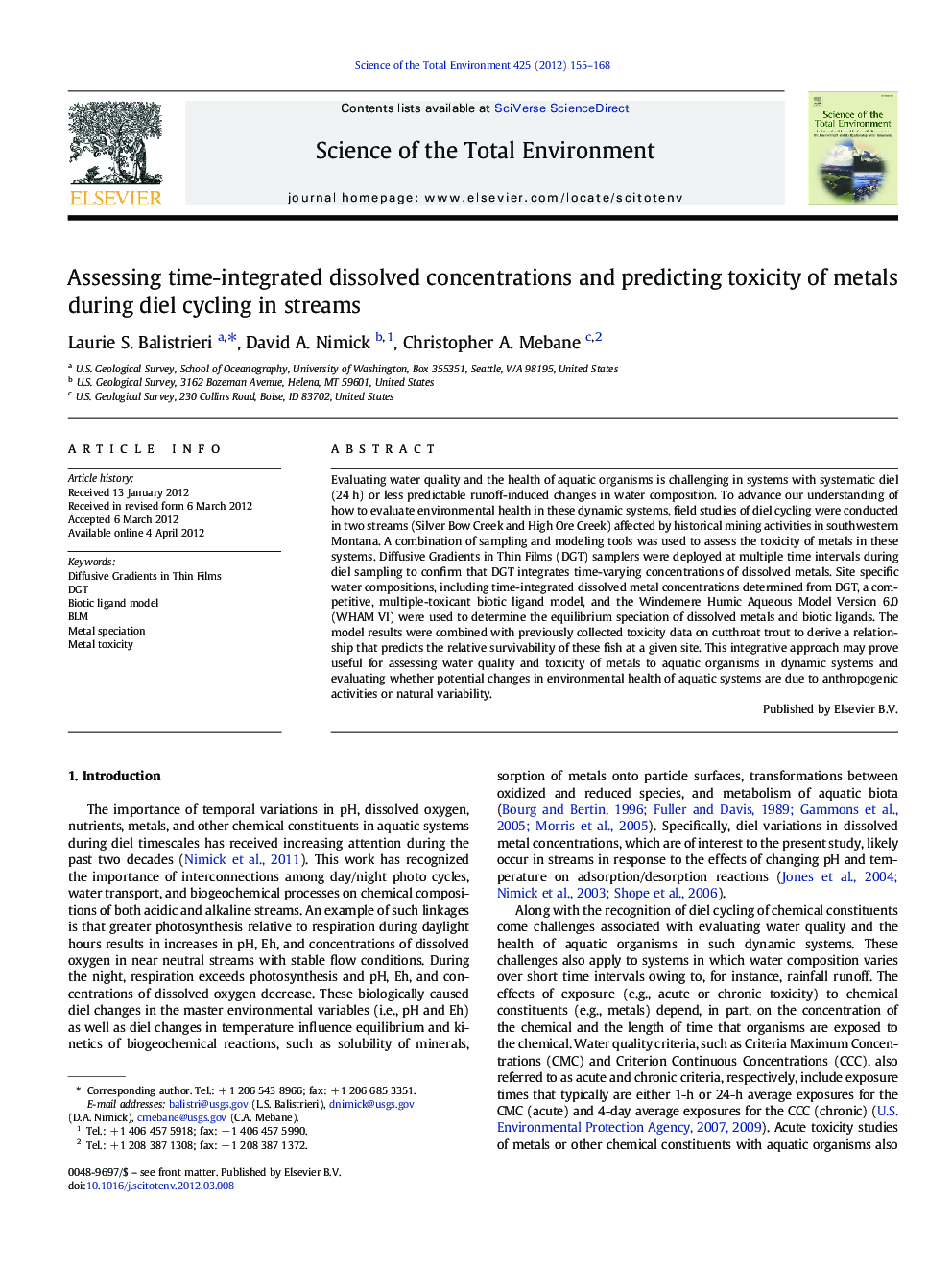 Assessing time-integrated dissolved concentrations and predicting toxicity of metals during diel cycling in streams