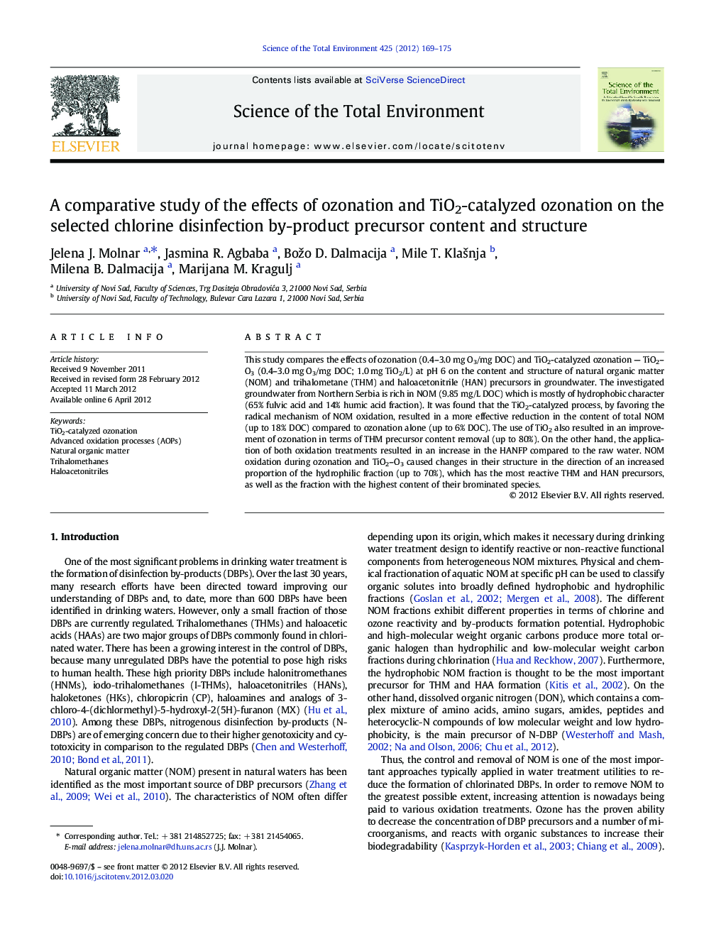 A comparative study of the effects of ozonation and TiO2-catalyzed ozonation on the selected chlorine disinfection by-product precursor content and structure