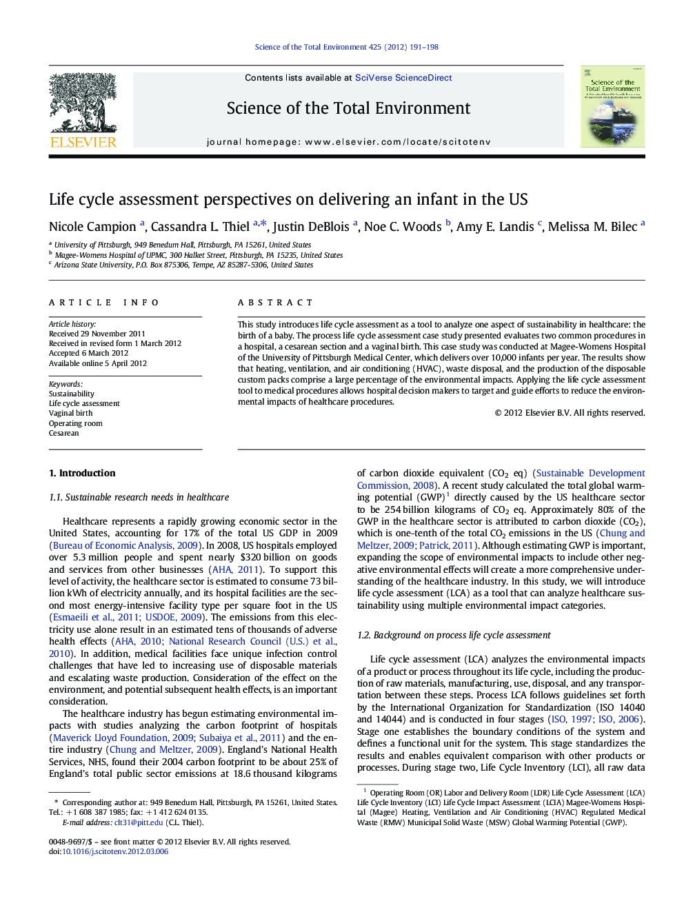 Life cycle assessment perspectives on delivering an infant in the US