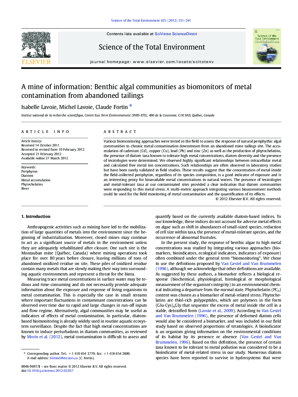 A mine of information: Benthic algal communities as biomonitors of metal contamination from abandoned tailings