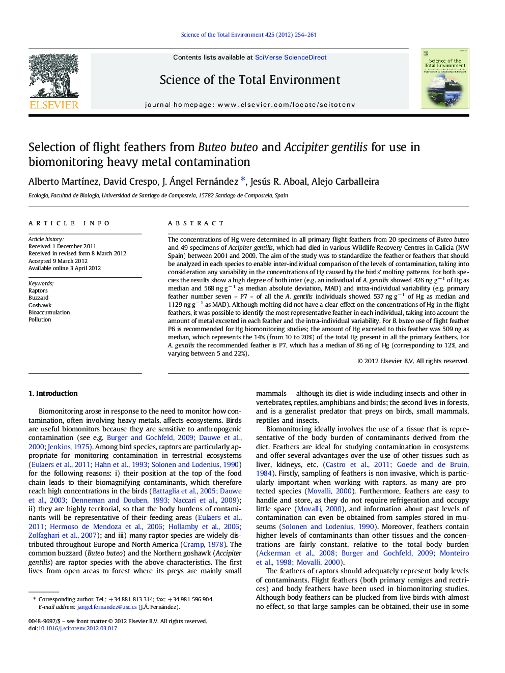 Selection of flight feathers from Buteo buteo and Accipiter gentilis for use in biomonitoring heavy metal contamination