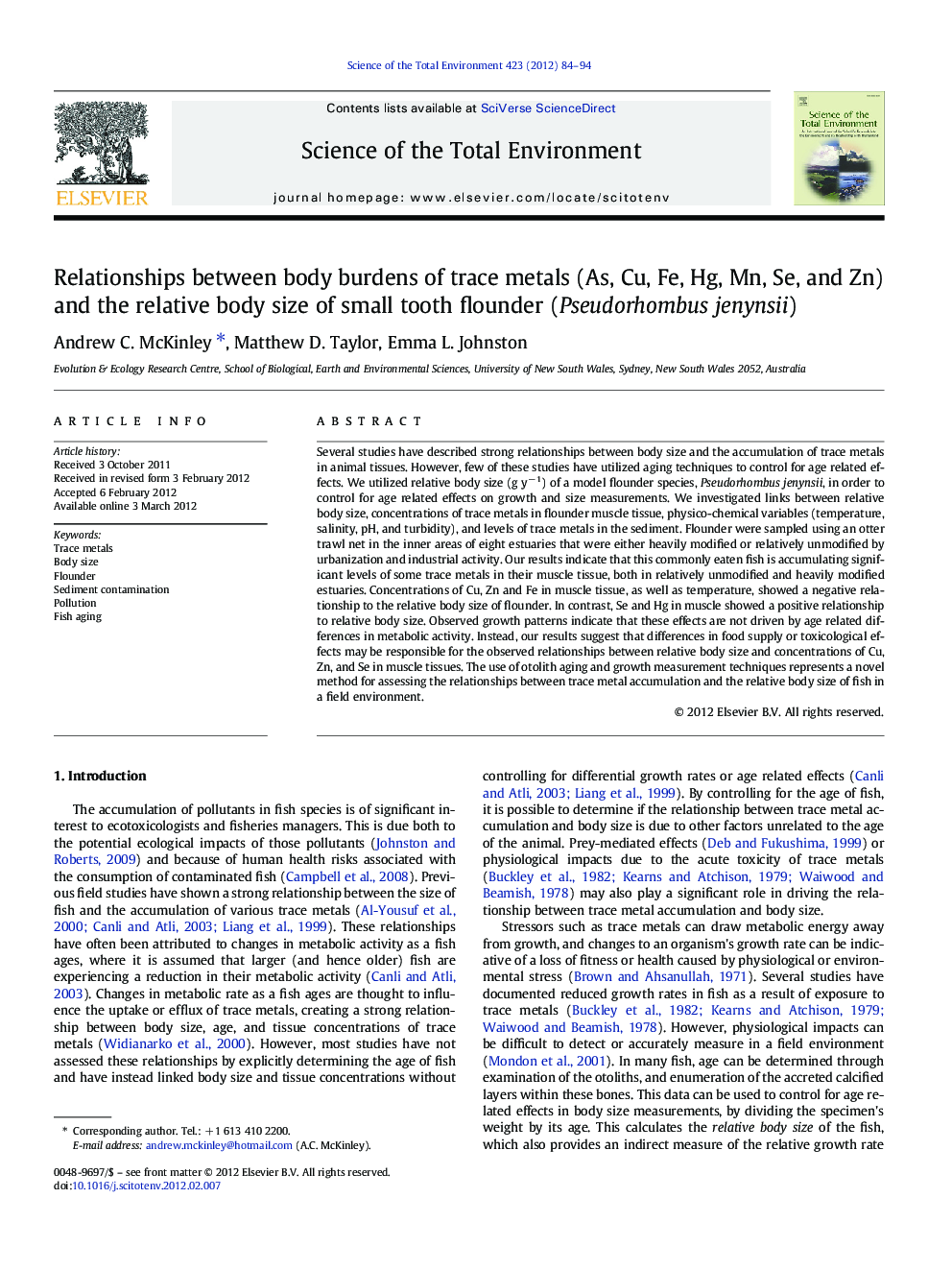 Relationships between body burdens of trace metals (As, Cu, Fe, Hg, Mn, Se, and Zn) and the relative body size of small tooth flounder (Pseudorhombus jenynsii)