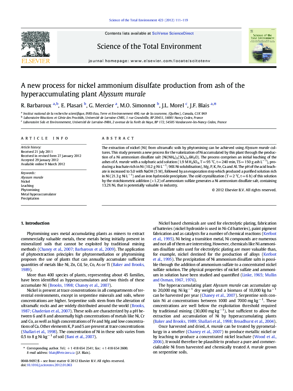 A new process for nickel ammonium disulfate production from ash of the hyperaccumulating plant Alyssum murale