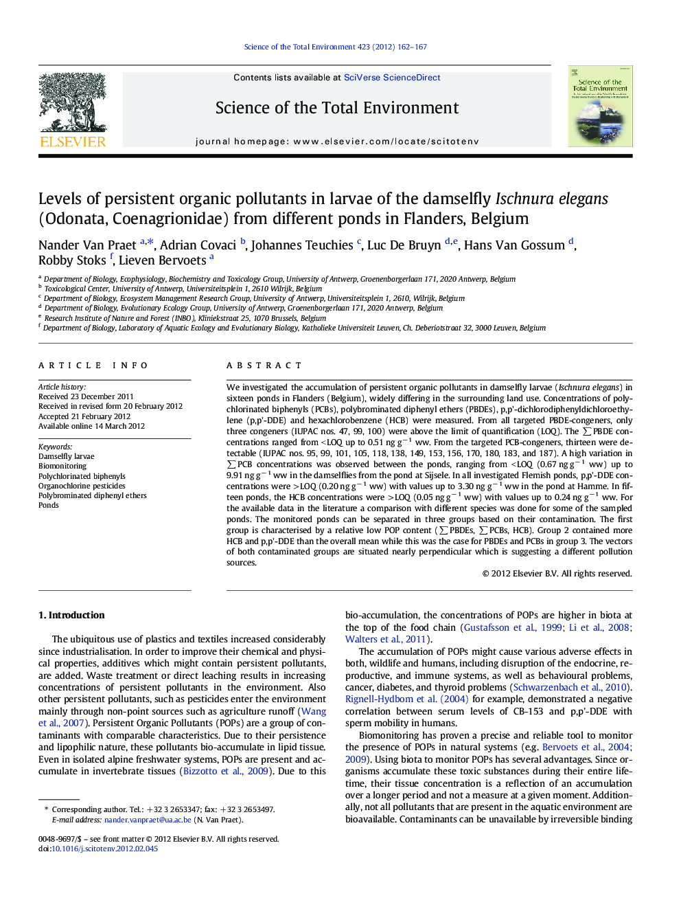 Levels of persistent organic pollutants in larvae of the damselfly Ischnura elegans (Odonata, Coenagrionidae) from different ponds in Flanders, Belgium