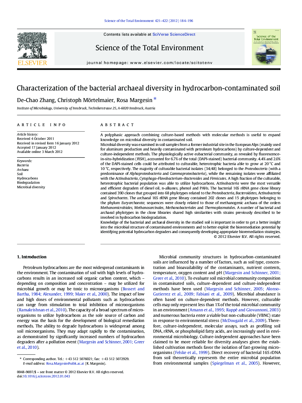 Characterization of the bacterial archaeal diversity in hydrocarbon-contaminated soil