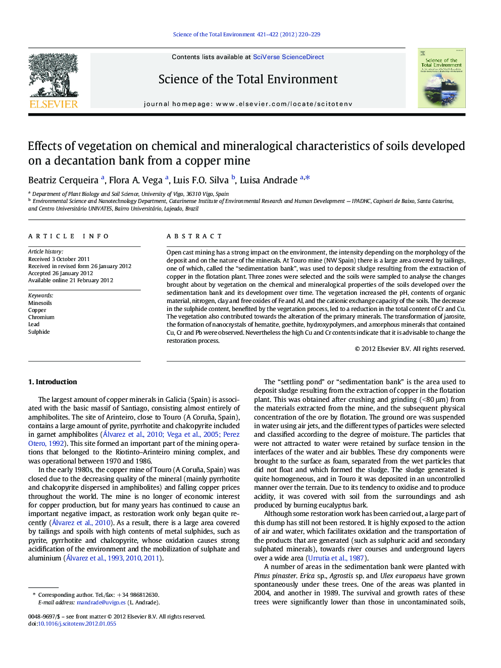 Effects of vegetation on chemical and mineralogical characteristics of soils developed on a decantation bank from a copper mine