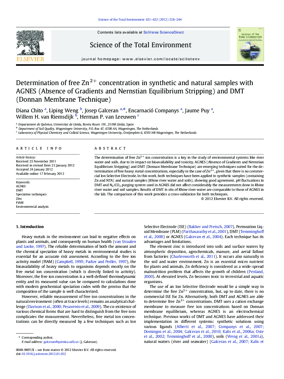 Determination of free Zn2+ concentration in synthetic and natural samples with AGNES (Absence of Gradients and Nernstian Equilibrium Stripping) and DMT (Donnan Membrane Technique)