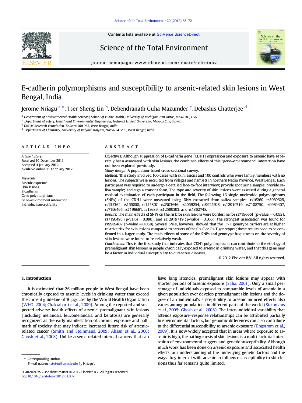 E-cadherin polymorphisms and susceptibility to arsenic-related skin lesions in West Bengal, India