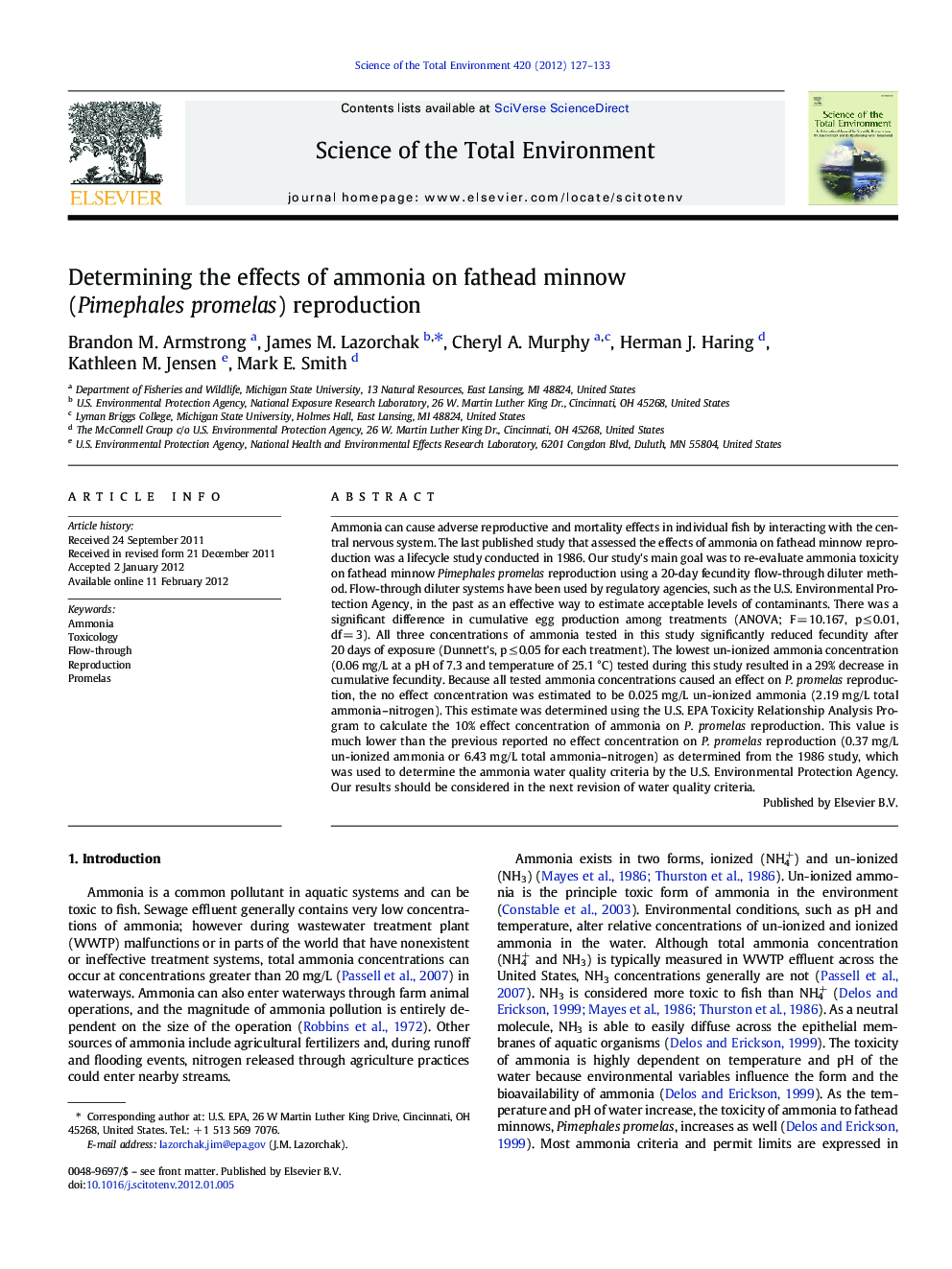 Determining the effects of ammonia on fathead minnow (Pimephales promelas) reproduction