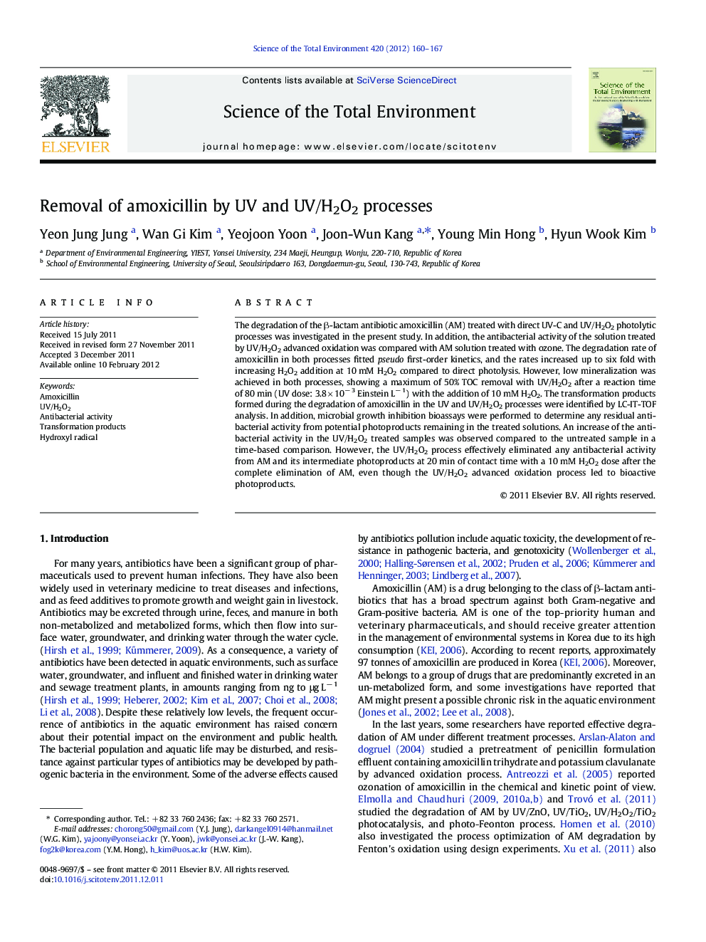 Removal of amoxicillin by UV and UV/H2O2 processes