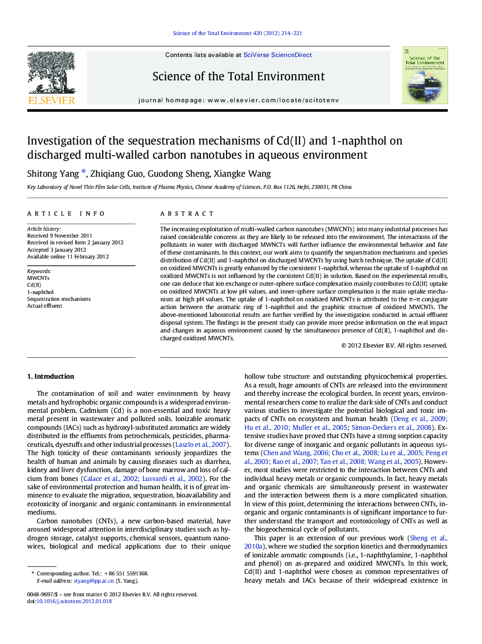 Investigation of the sequestration mechanisms of Cd(II) and 1-naphthol on discharged multi-walled carbon nanotubes in aqueous environment