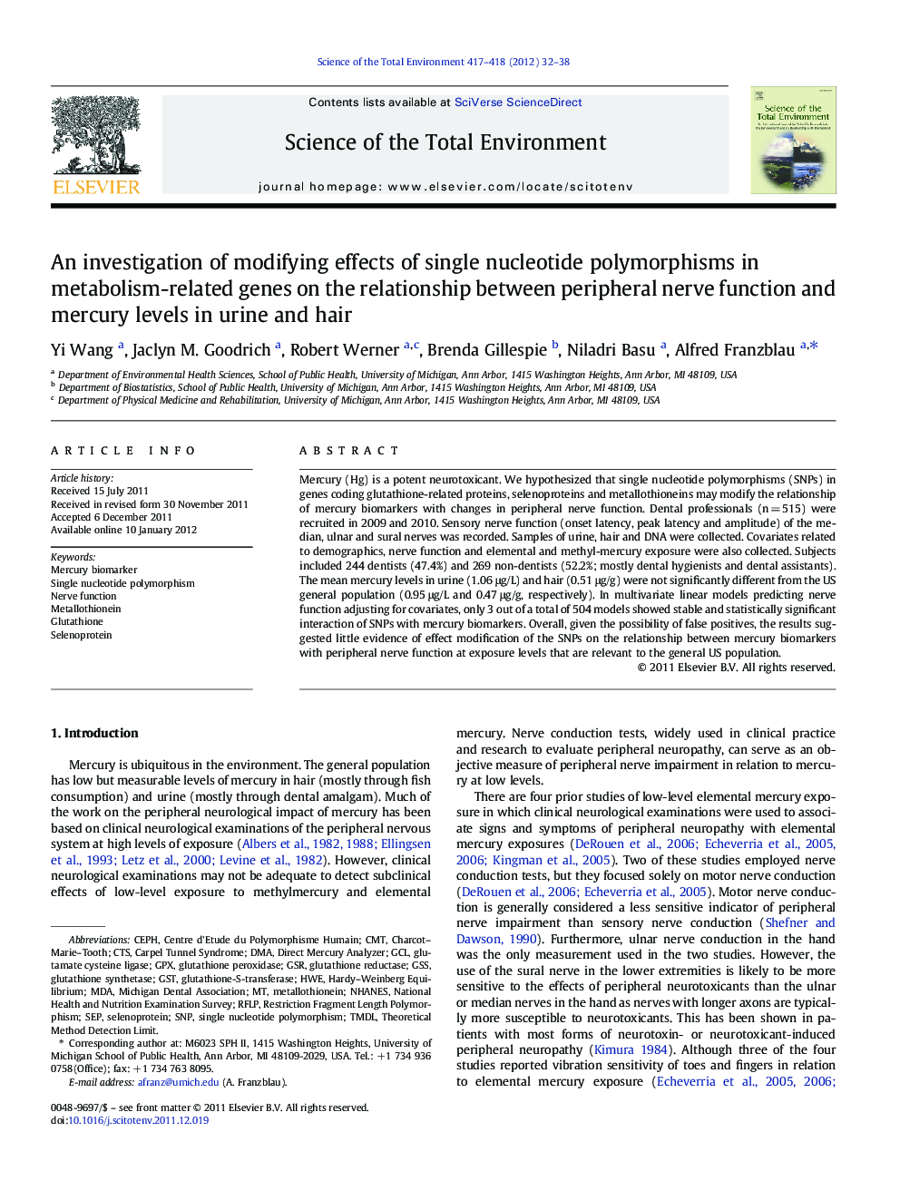 An investigation of modifying effects of single nucleotide polymorphisms in metabolism-related genes on the relationship between peripheral nerve function and mercury levels in urine and hair