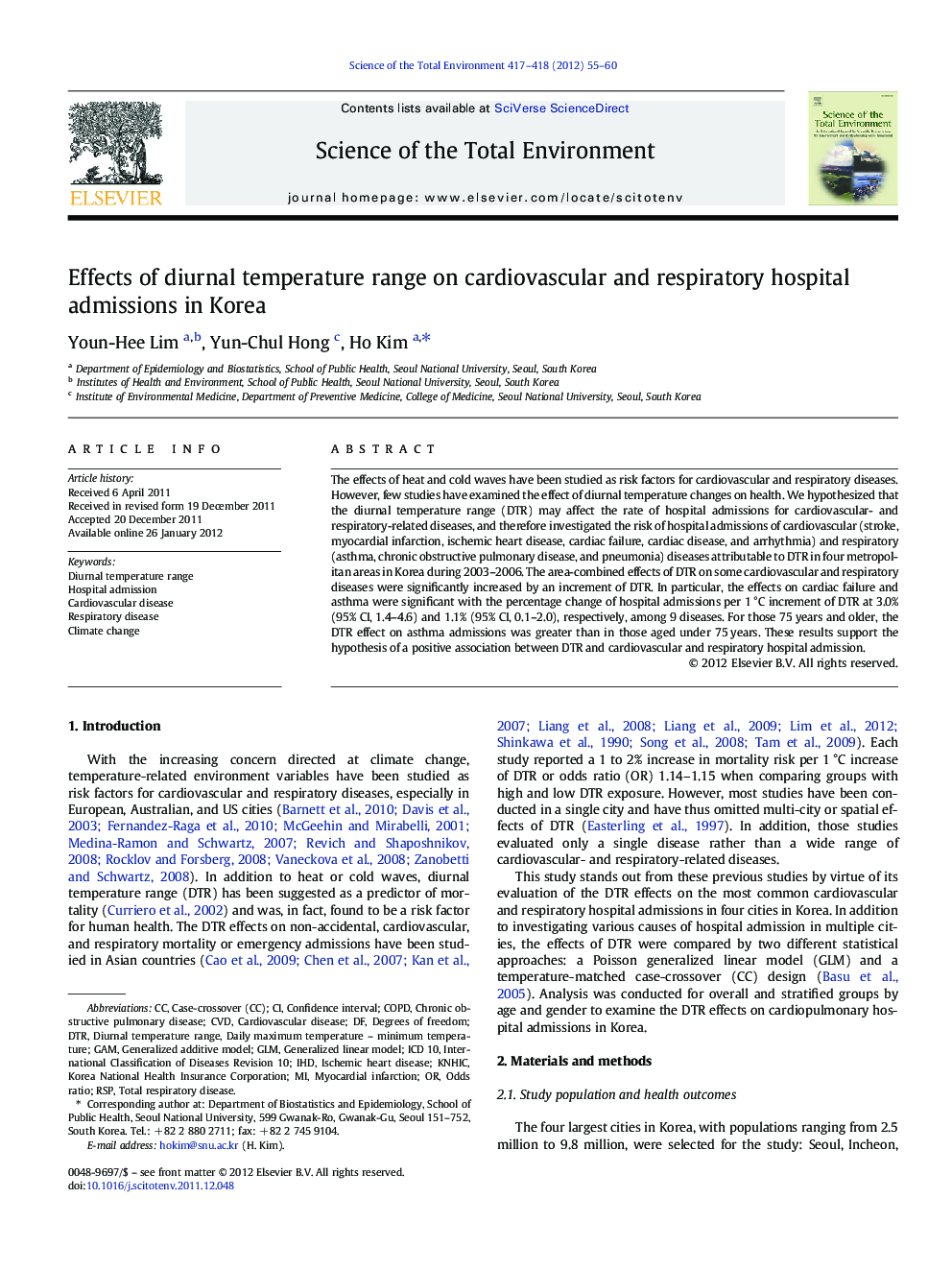 Effects of diurnal temperature range on cardiovascular and respiratory hospital admissions in Korea