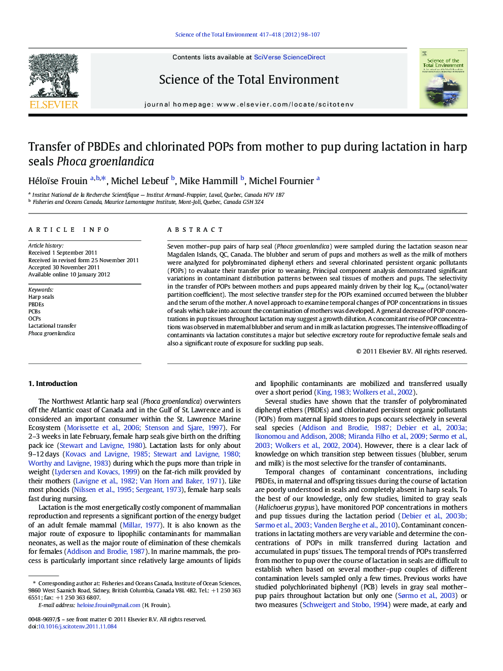 Transfer of PBDEs and chlorinated POPs from mother to pup during lactation in harp seals Phoca groenlandica