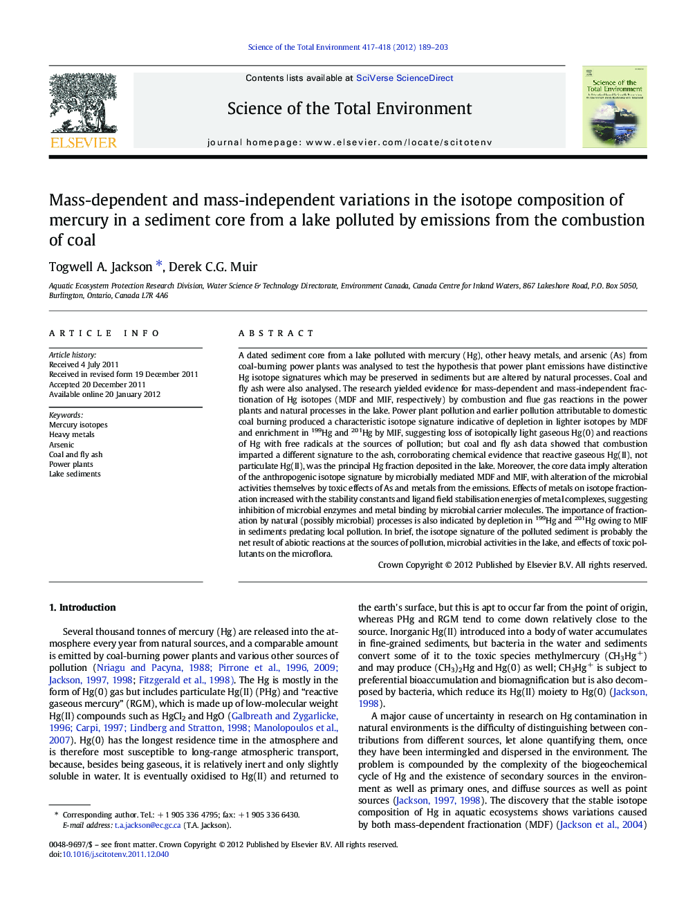 Mass-dependent and mass-independent variations in the isotope composition of mercury in a sediment core from a lake polluted by emissions from the combustion of coal