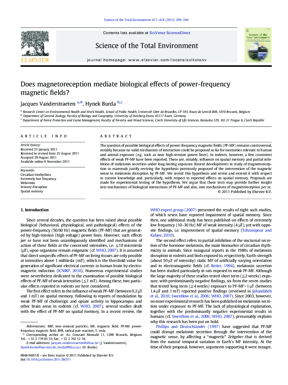 Does magnetoreception mediate biological effects of power-frequency magnetic fields?