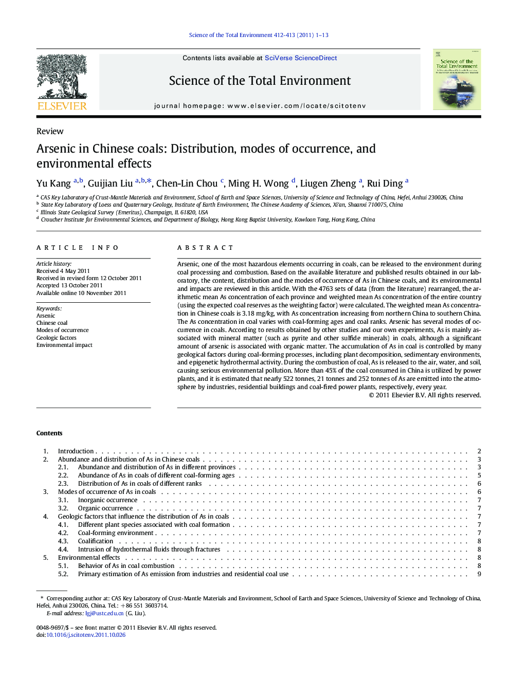 Arsenic in Chinese coals: Distribution, modes of occurrence, and environmental effects