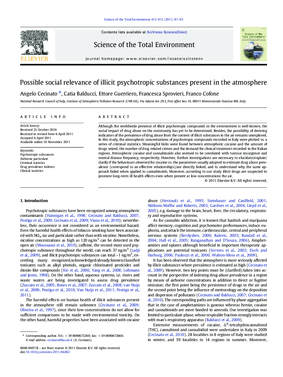 Possible social relevance of illicit psychotropic substances present in the atmosphere