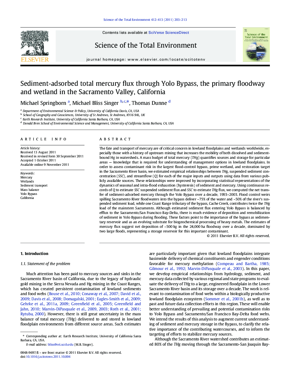 Sediment-adsorbed total mercury flux through Yolo Bypass, the primary floodway and wetland in the Sacramento Valley, California