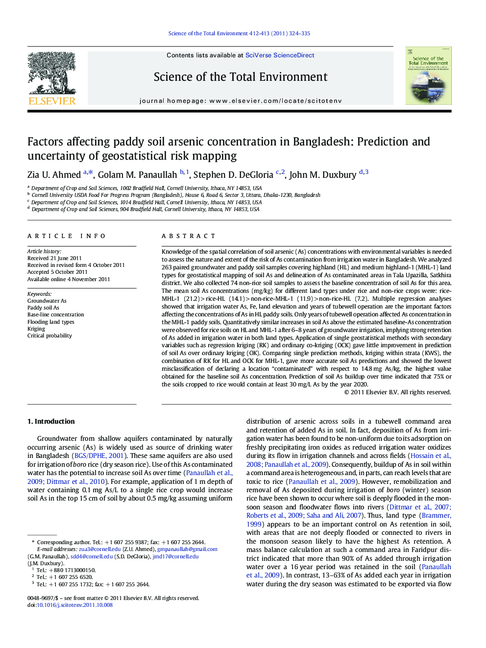 Factors affecting paddy soil arsenic concentration in Bangladesh: Prediction and uncertainty of geostatistical risk mapping