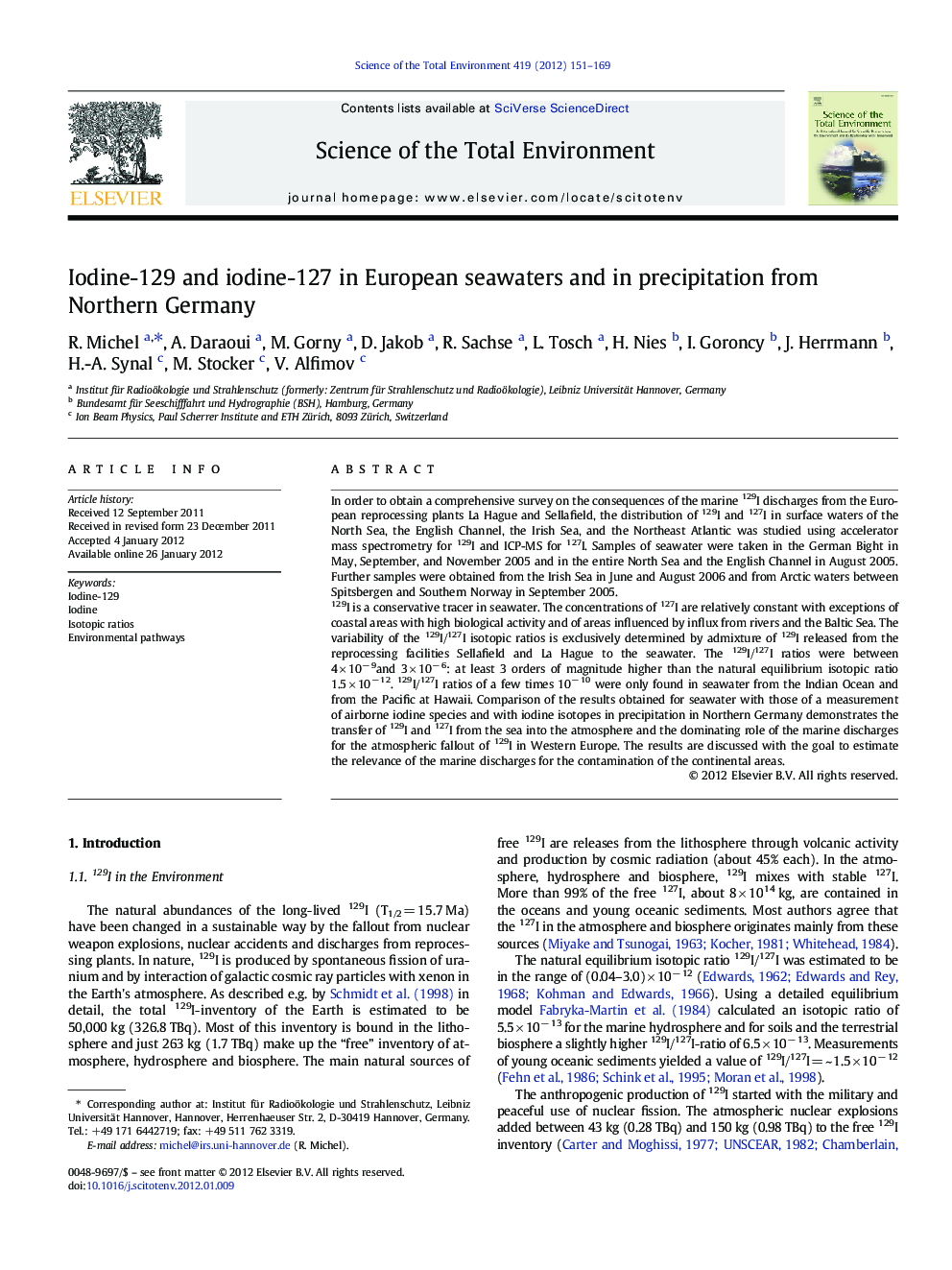 Iodine-129 and iodine-127 in European seawaters and in precipitation from Northern Germany