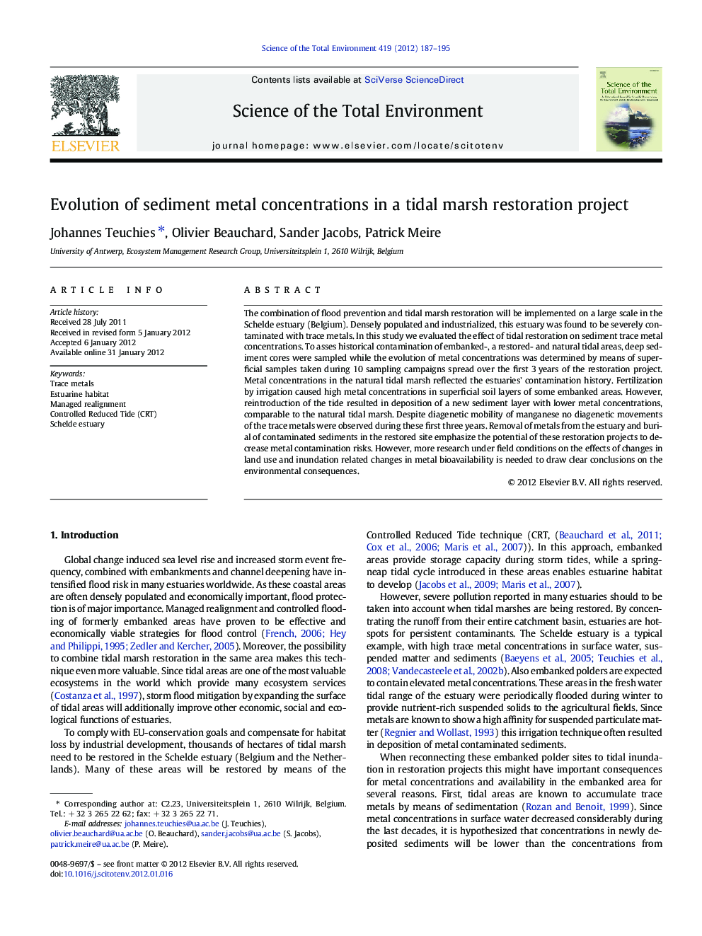 Evolution of sediment metal concentrations in a tidal marsh restoration project