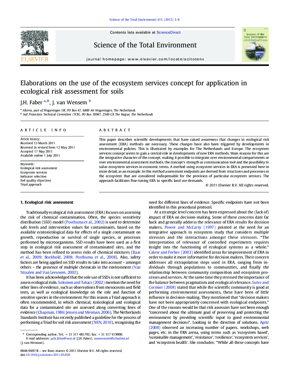 Elaborations on the use of the ecosystem services concept for application in ecological risk assessment for soils