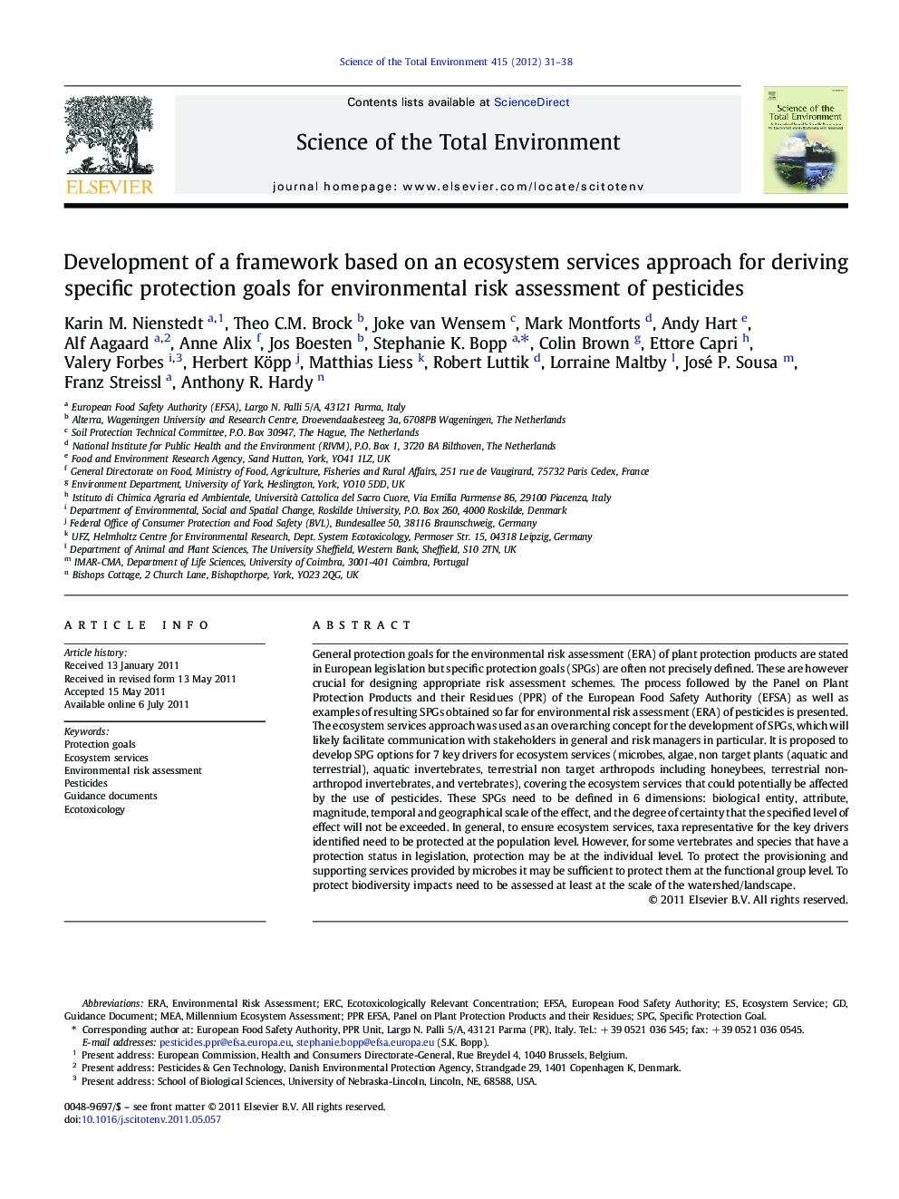 Development of a framework based on an ecosystem services approach for deriving specific protection goals for environmental risk assessment of pesticides