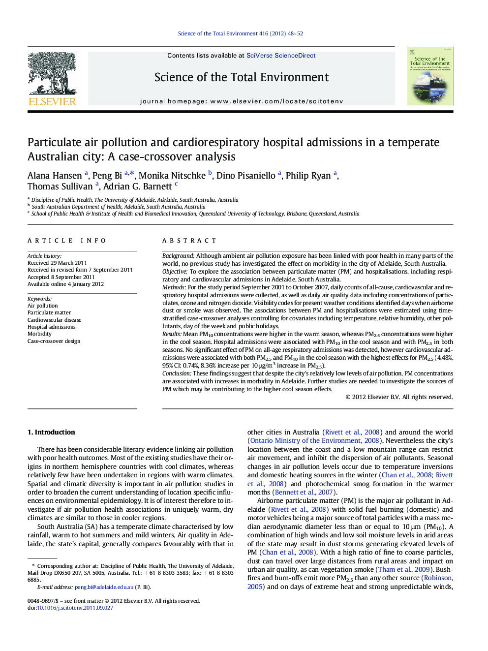 Particulate air pollution and cardiorespiratory hospital admissions in a temperate Australian city: A case-crossover analysis