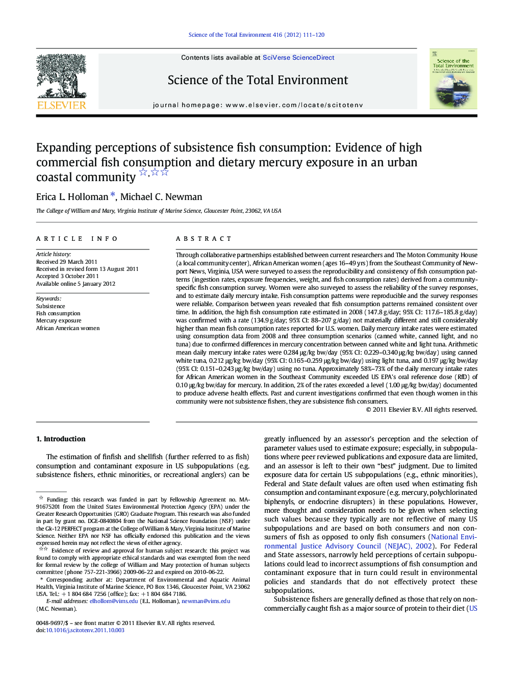 Expanding perceptions of subsistence fish consumption: Evidence of high commercial fish consumption and dietary mercury exposure in an urban coastal community 