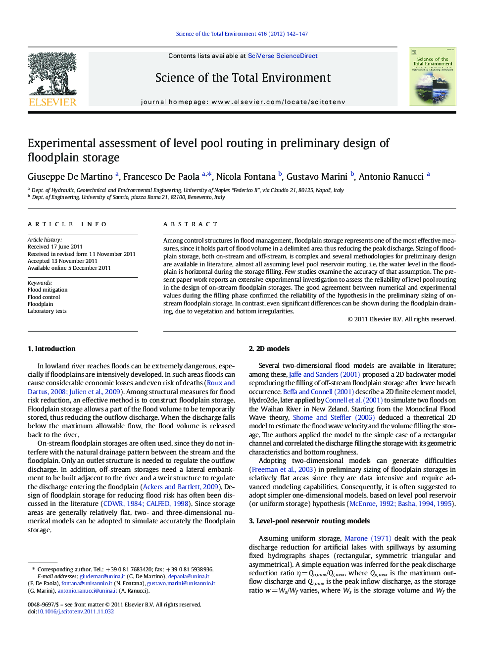 Experimental assessment of level pool routing in preliminary design of floodplain storage