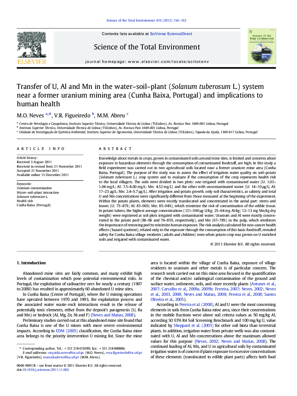 Transfer of U, Al and Mn in the water–soil–plant (Solanum tuberosum L.) system near a former uranium mining area (Cunha Baixa, Portugal) and implications to human health