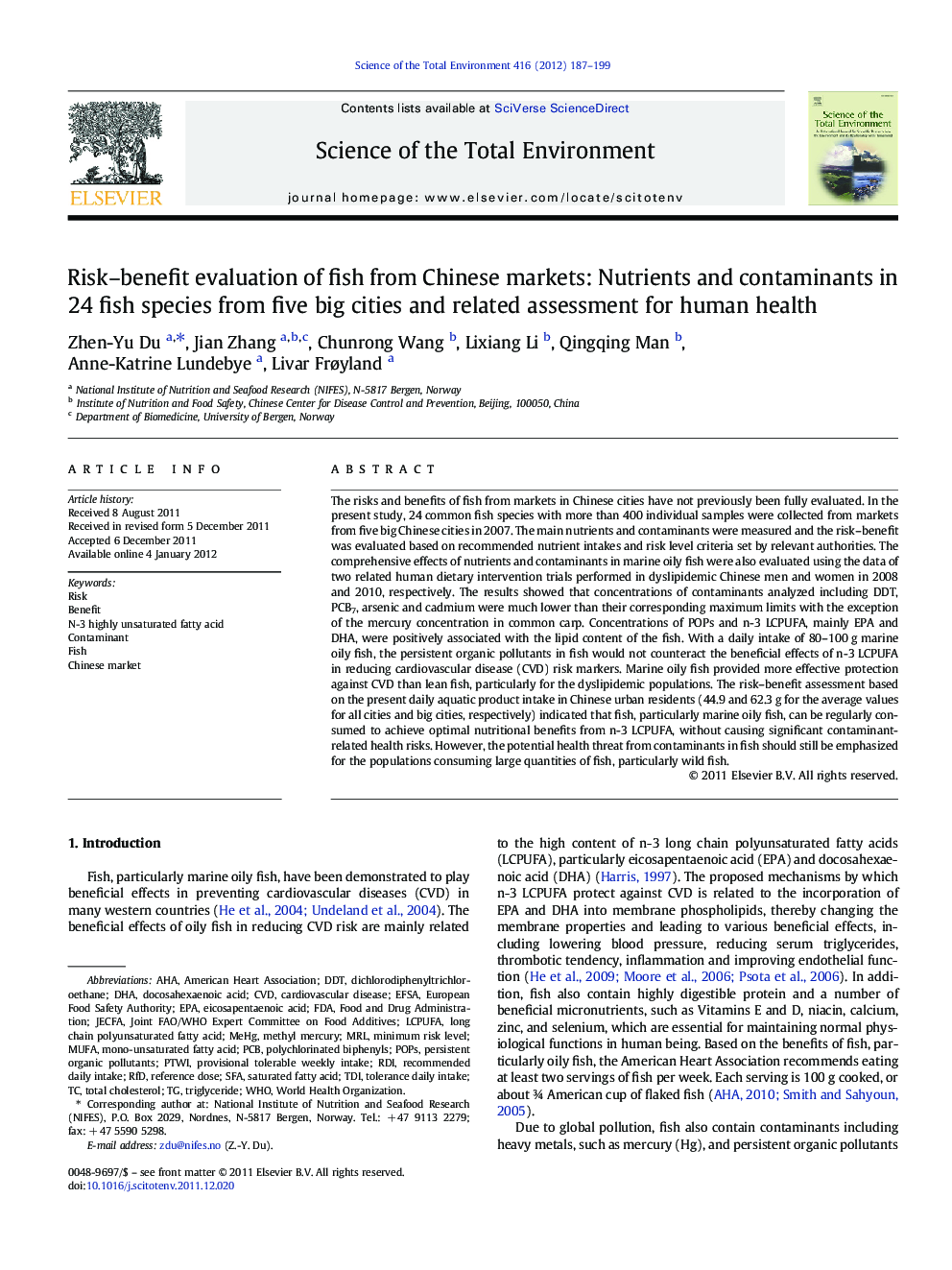 Risk–benefit evaluation of fish from Chinese markets: Nutrients and contaminants in 24 fish species from five big cities and related assessment for human health