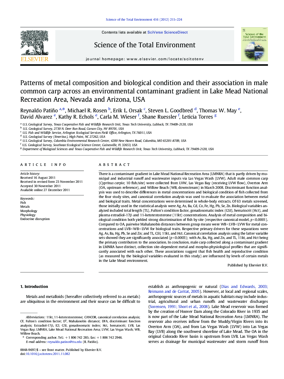 Patterns of metal composition and biological condition and their association in male common carp across an environmental contaminant gradient in Lake Mead National Recreation Area, Nevada and Arizona, USA