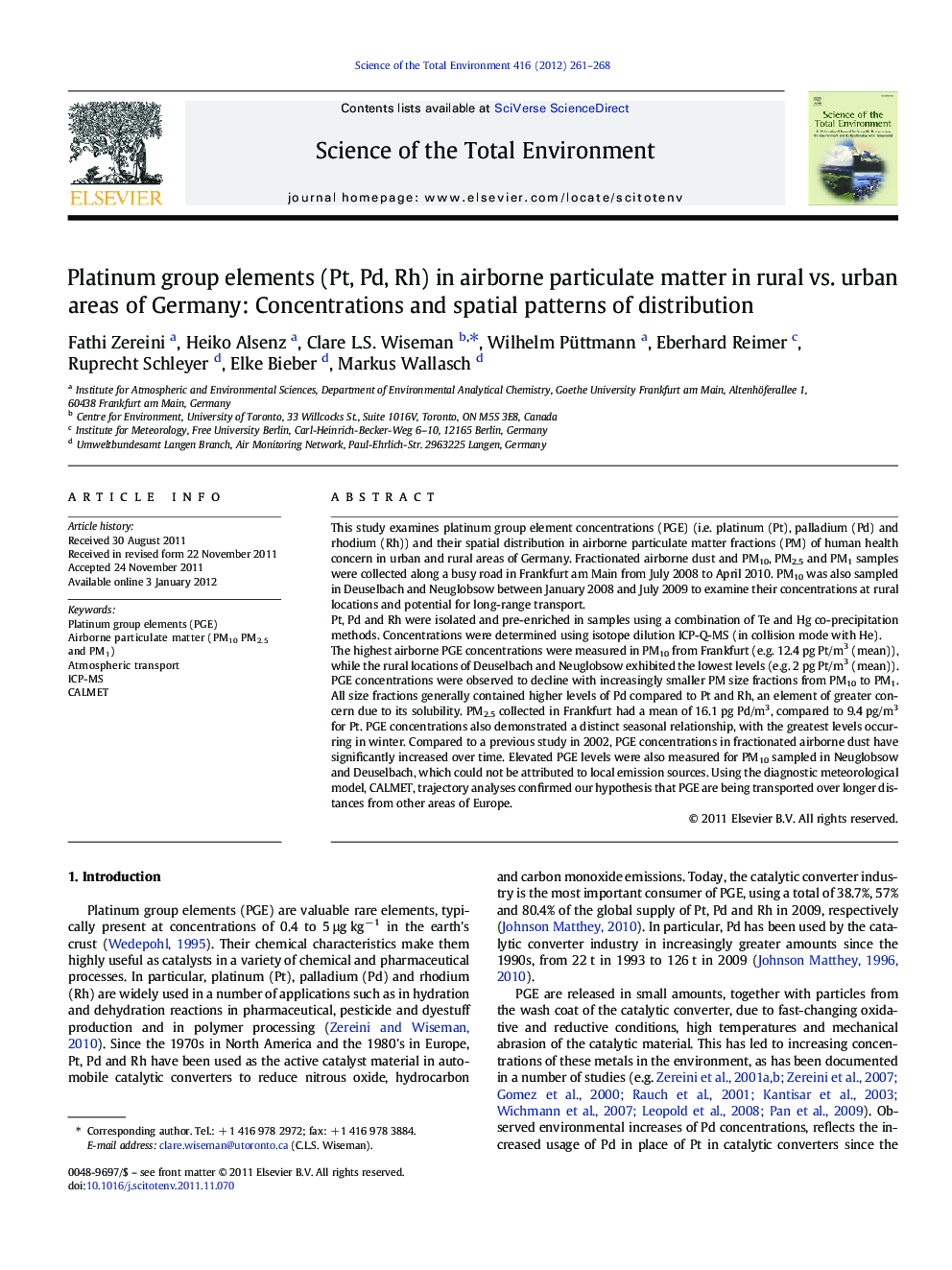 Platinum group elements (Pt, Pd, Rh) in airborne particulate matter in rural vs. urban areas of Germany: Concentrations and spatial patterns of distribution