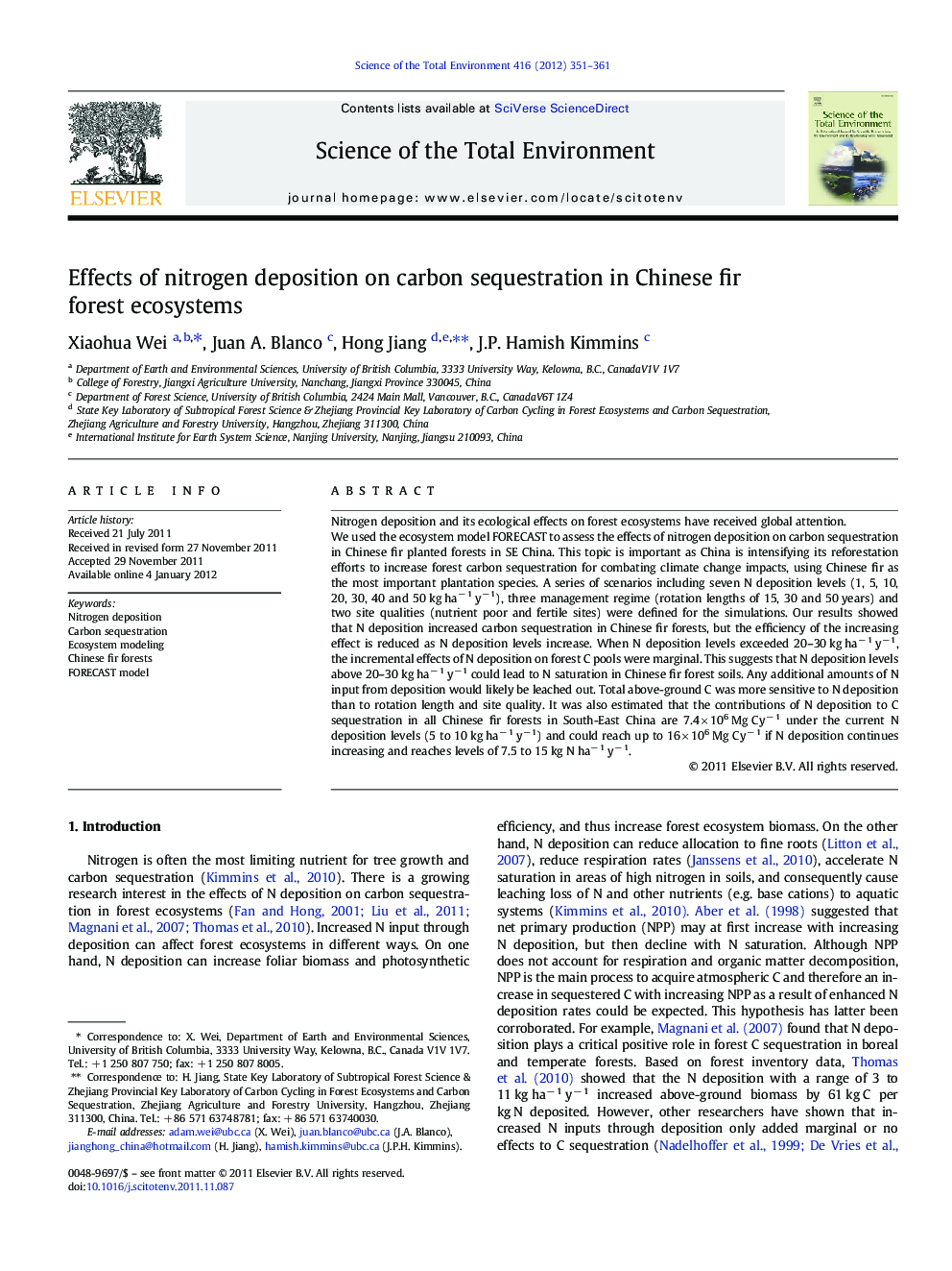 Effects of nitrogen deposition on carbon sequestration in Chinese fir forest ecosystems