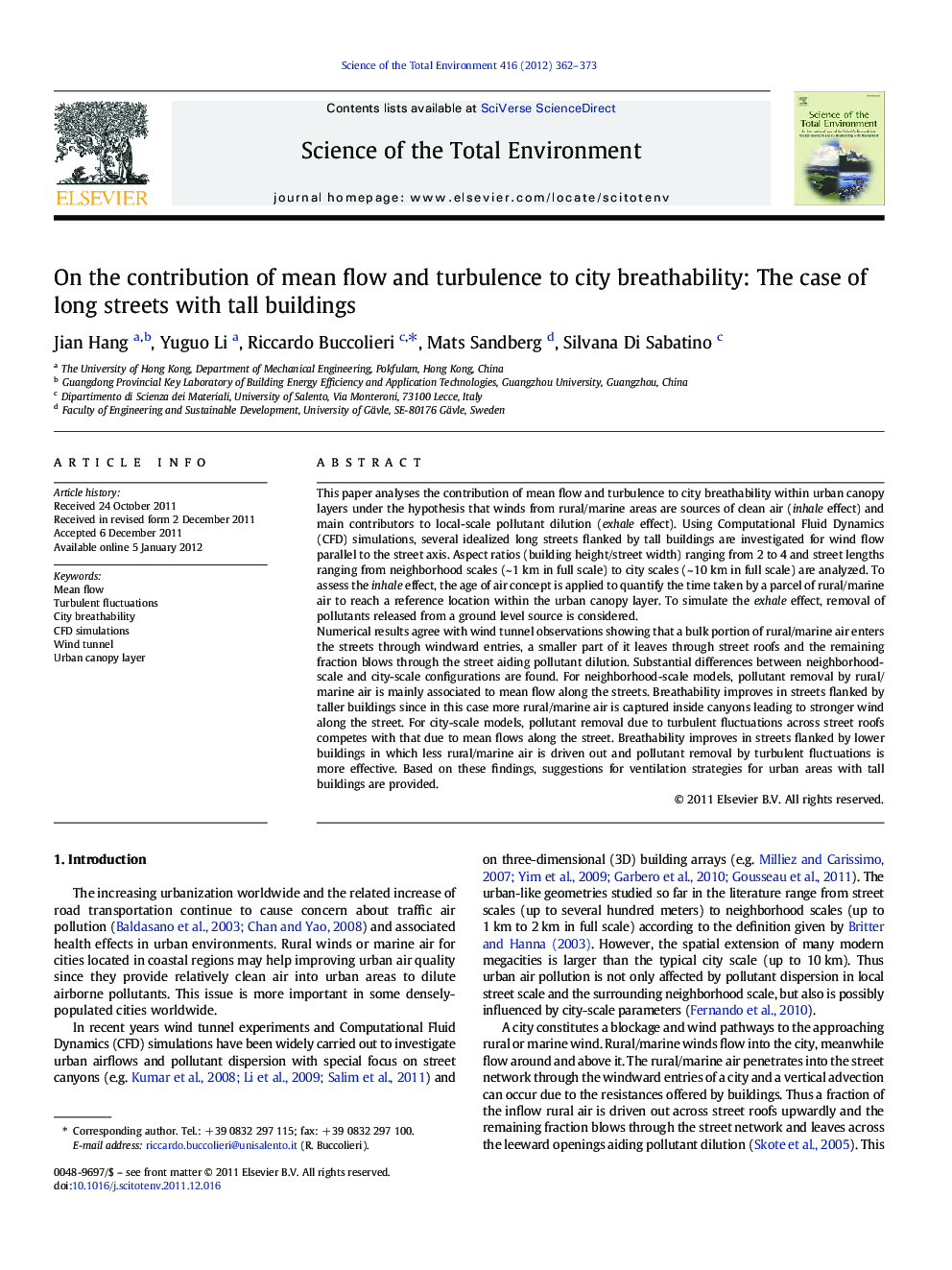 On the contribution of mean flow and turbulence to city breathability: The case of long streets with tall buildings