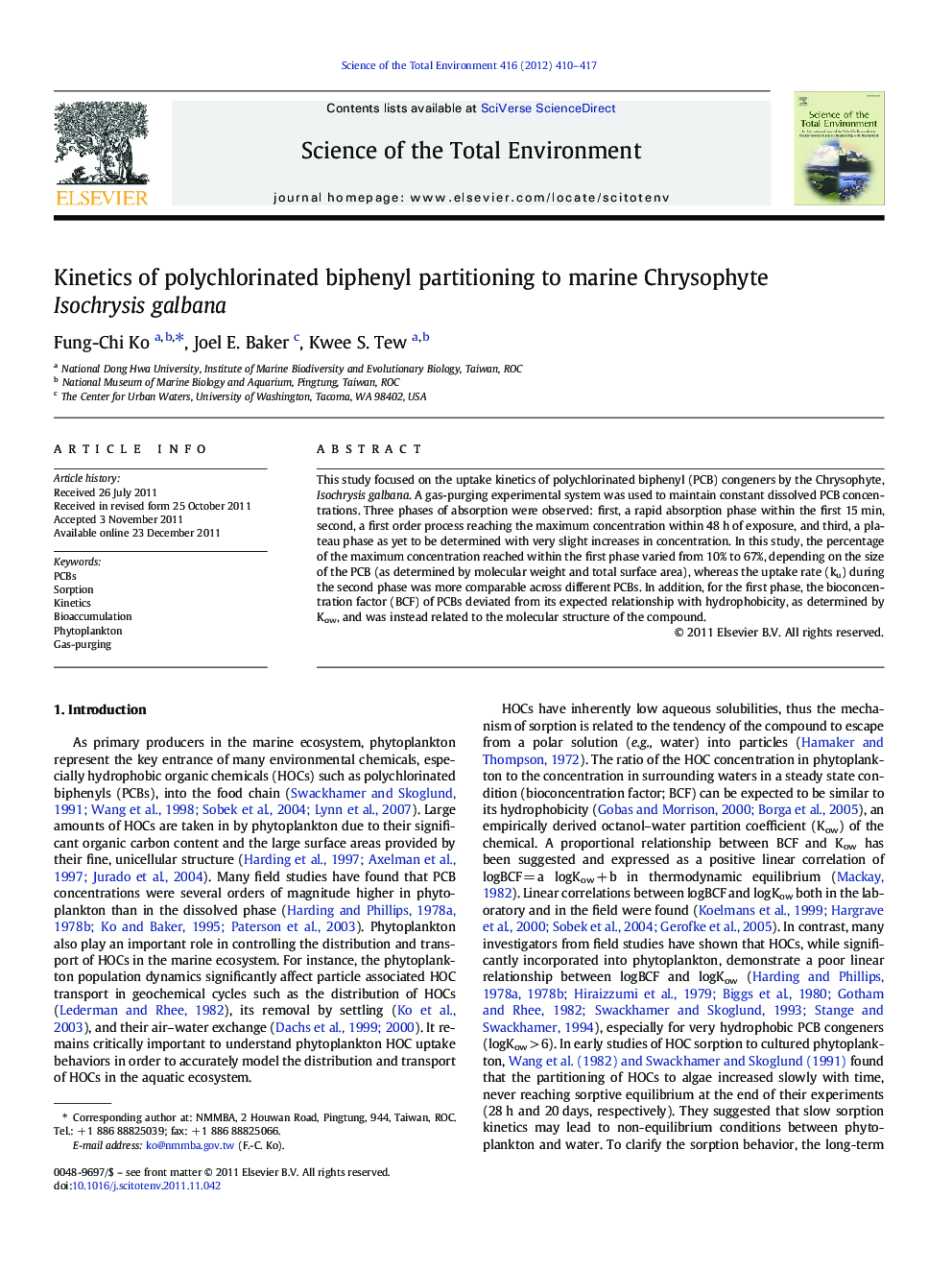 Kinetics of polychlorinated biphenyl partitioning to marine Chrysophyte Isochrysis galbana