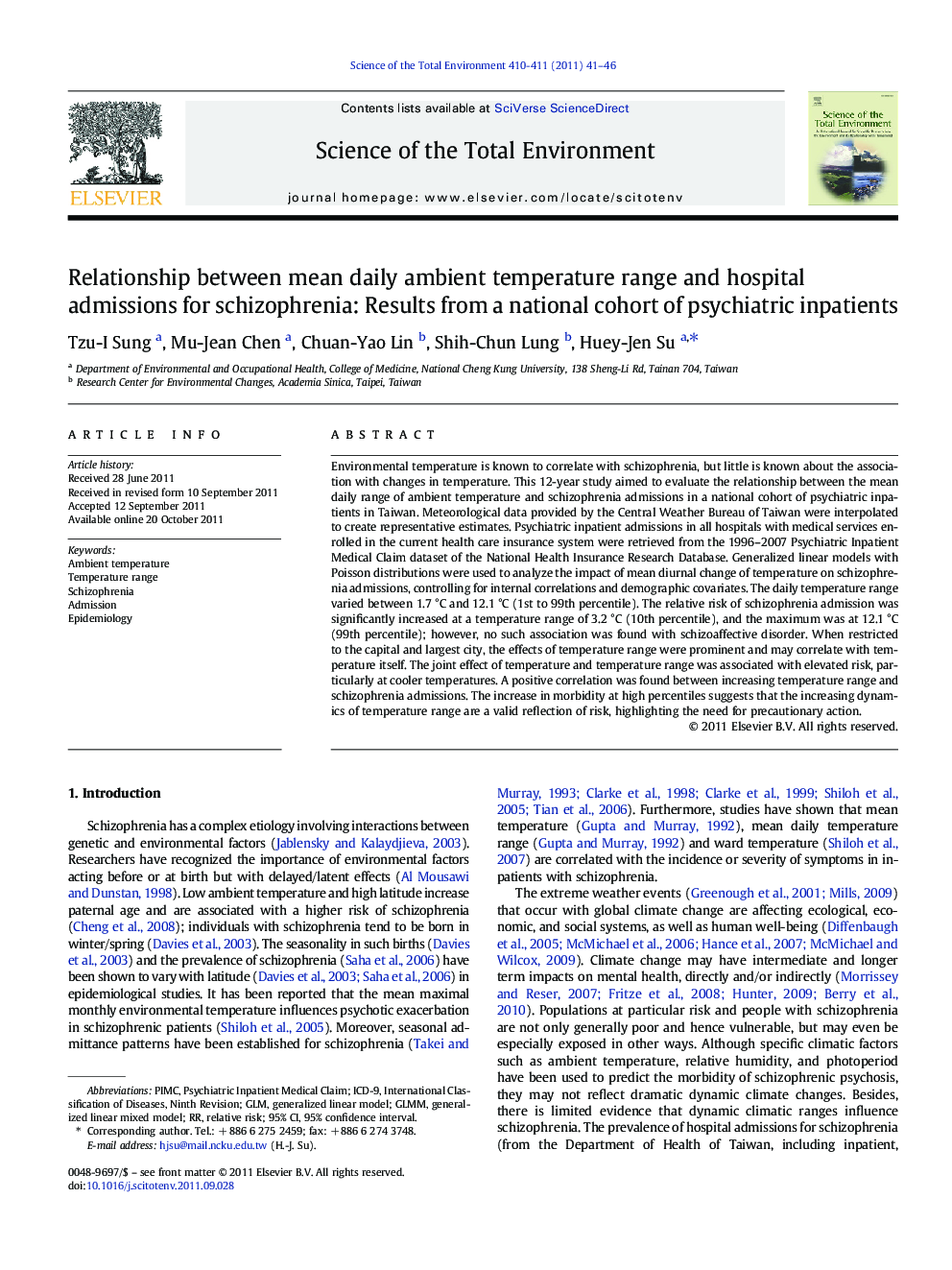 Relationship between mean daily ambient temperature range and hospital admissions for schizophrenia: Results from a national cohort of psychiatric inpatients