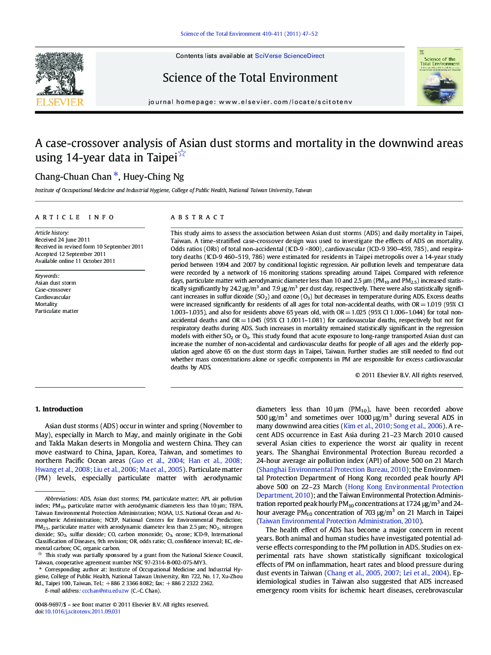 A case-crossover analysis of Asian dust storms and mortality in the downwind areas using 14-year data in Taipei 