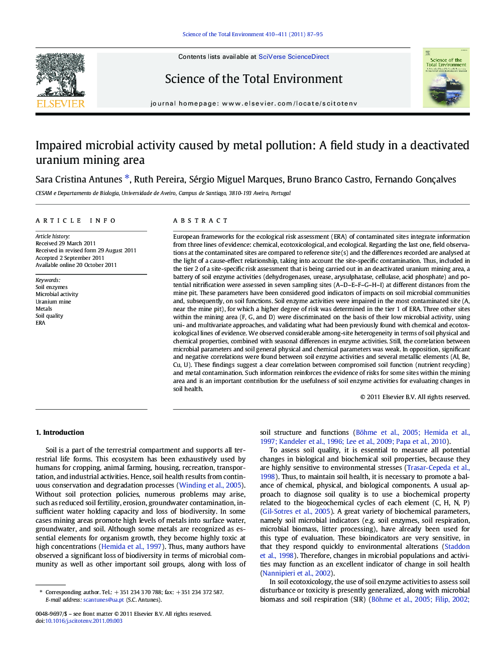 Impaired microbial activity caused by metal pollution: A field study in a deactivated uranium mining area