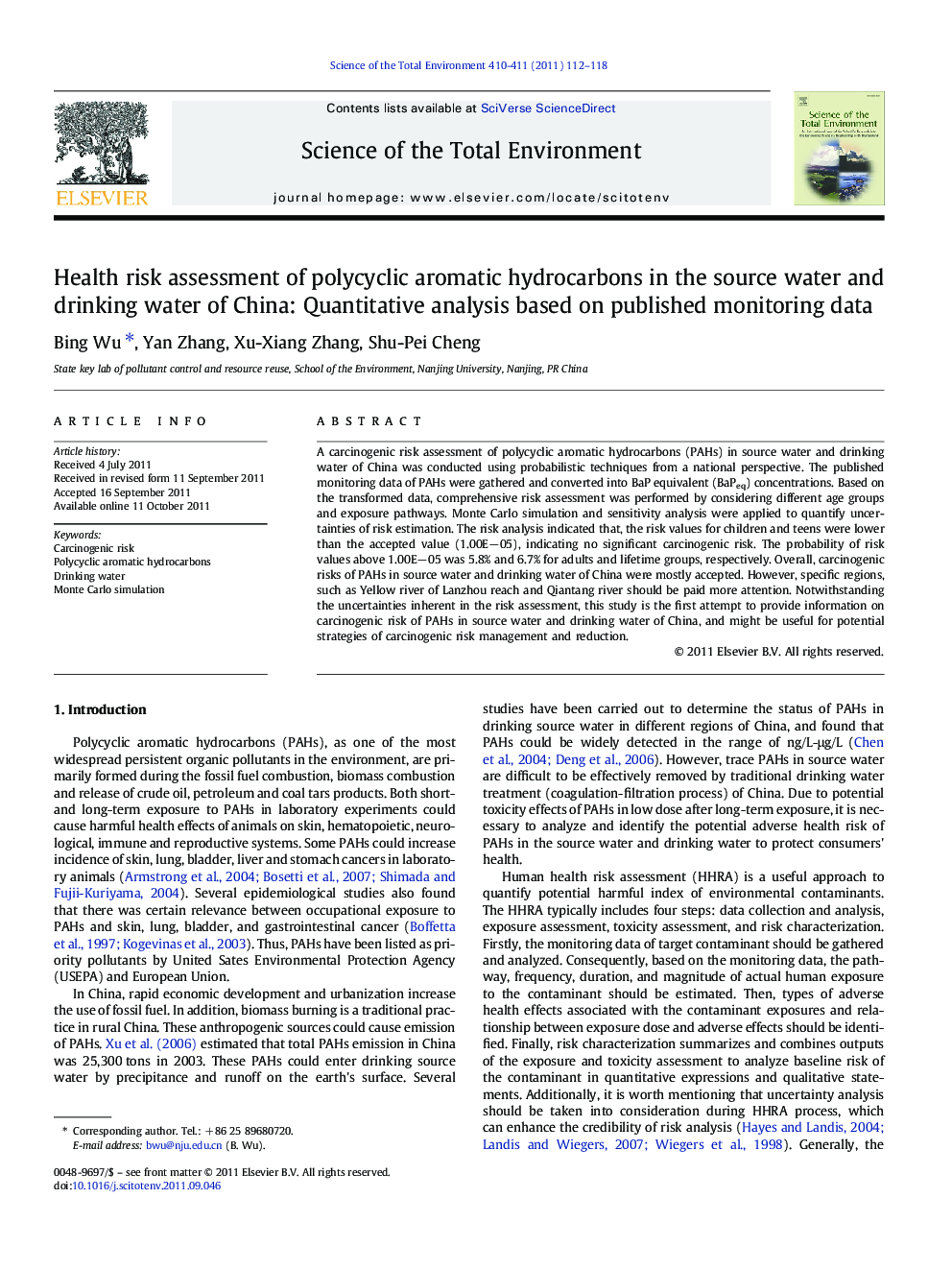 Health risk assessment of polycyclic aromatic hydrocarbons in the source water and drinking water of China: Quantitative analysis based on published monitoring data