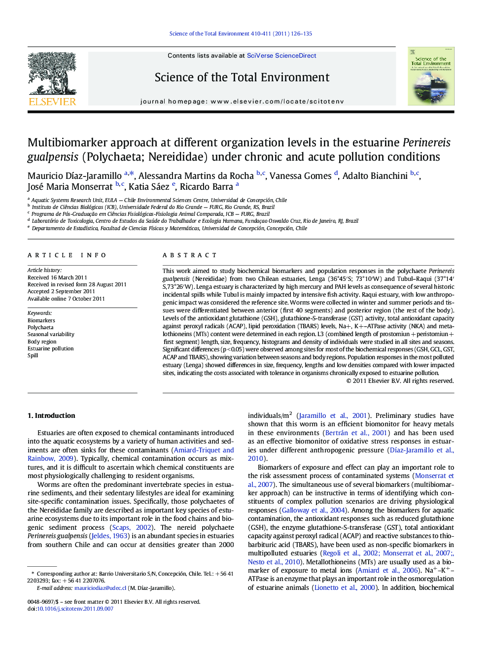 Multibiomarker approach at different organization levels in the estuarine Perinereis gualpensis (Polychaeta; Nereididae) under chronic and acute pollution conditions