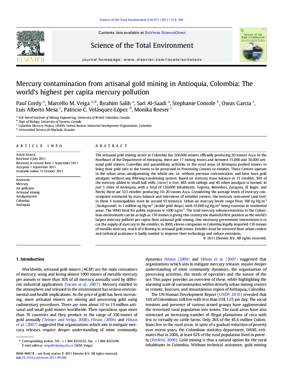 Mercury contamination from artisanal gold mining in Antioquia, Colombia: The world's highest per capita mercury pollution