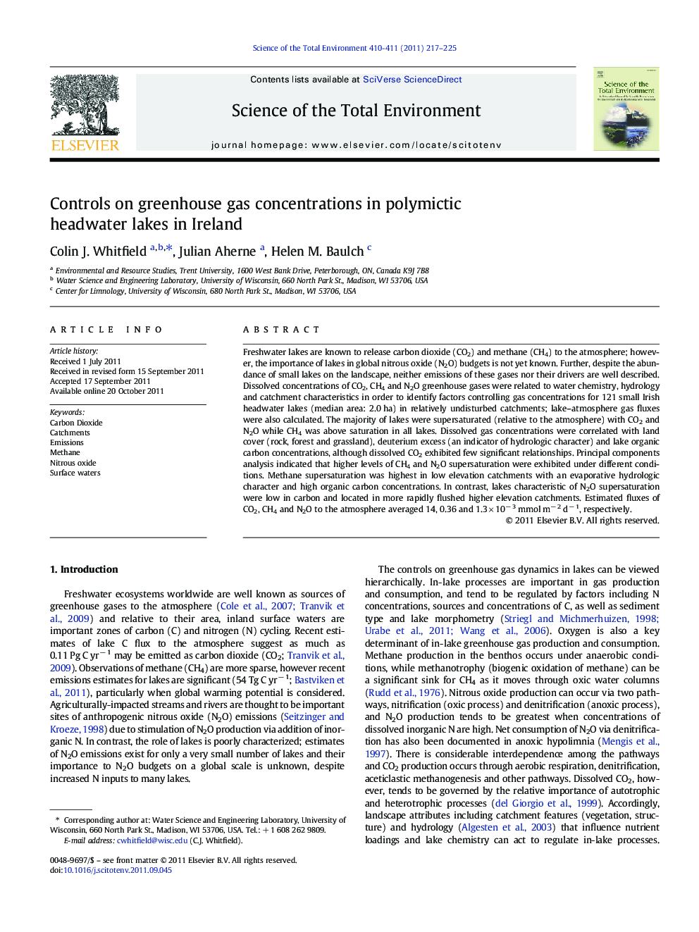 Controls on greenhouse gas concentrations in polymictic headwater lakes in Ireland