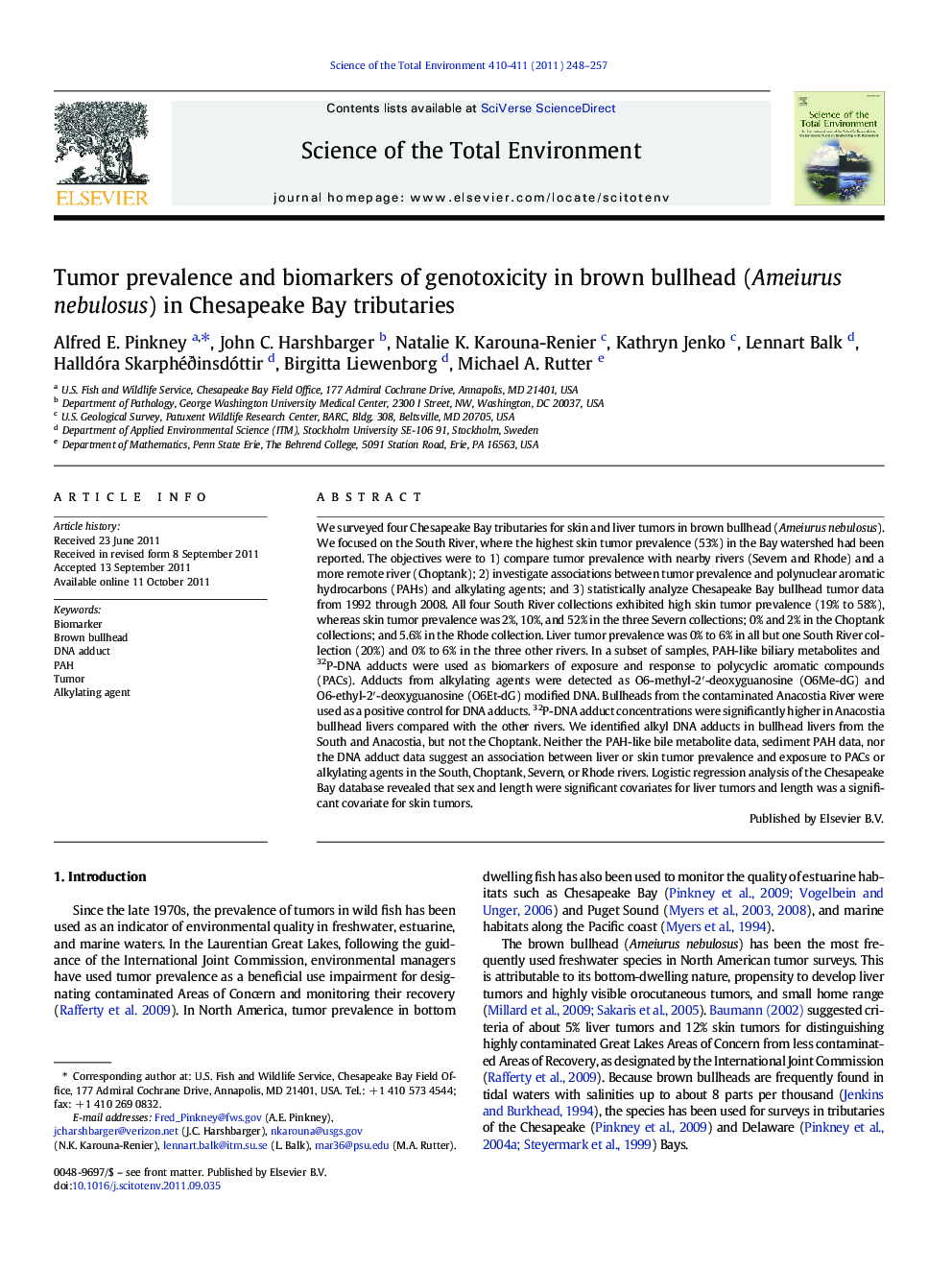 Tumor prevalence and biomarkers of genotoxicity in brown bullhead (Ameiurus nebulosus) in Chesapeake Bay tributaries